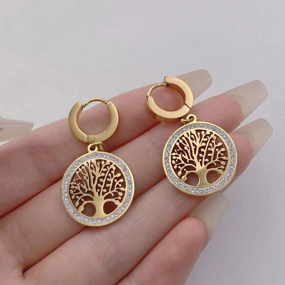 Dangle Earrings, Stainless Steel Rhinestone Tree Of Life Elegant Hanging Earring - Picture 1 of 4